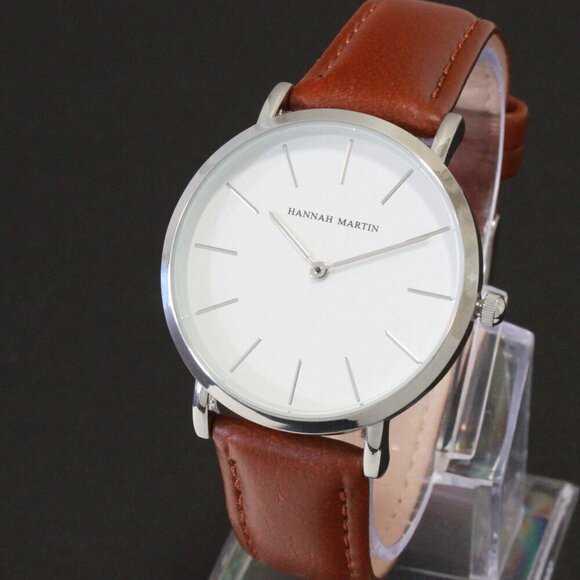 Men's Classic Minimalist 2 Hand Quartz Watch Raised Indices Brown Strap 36mm - Picture 4 of 12
